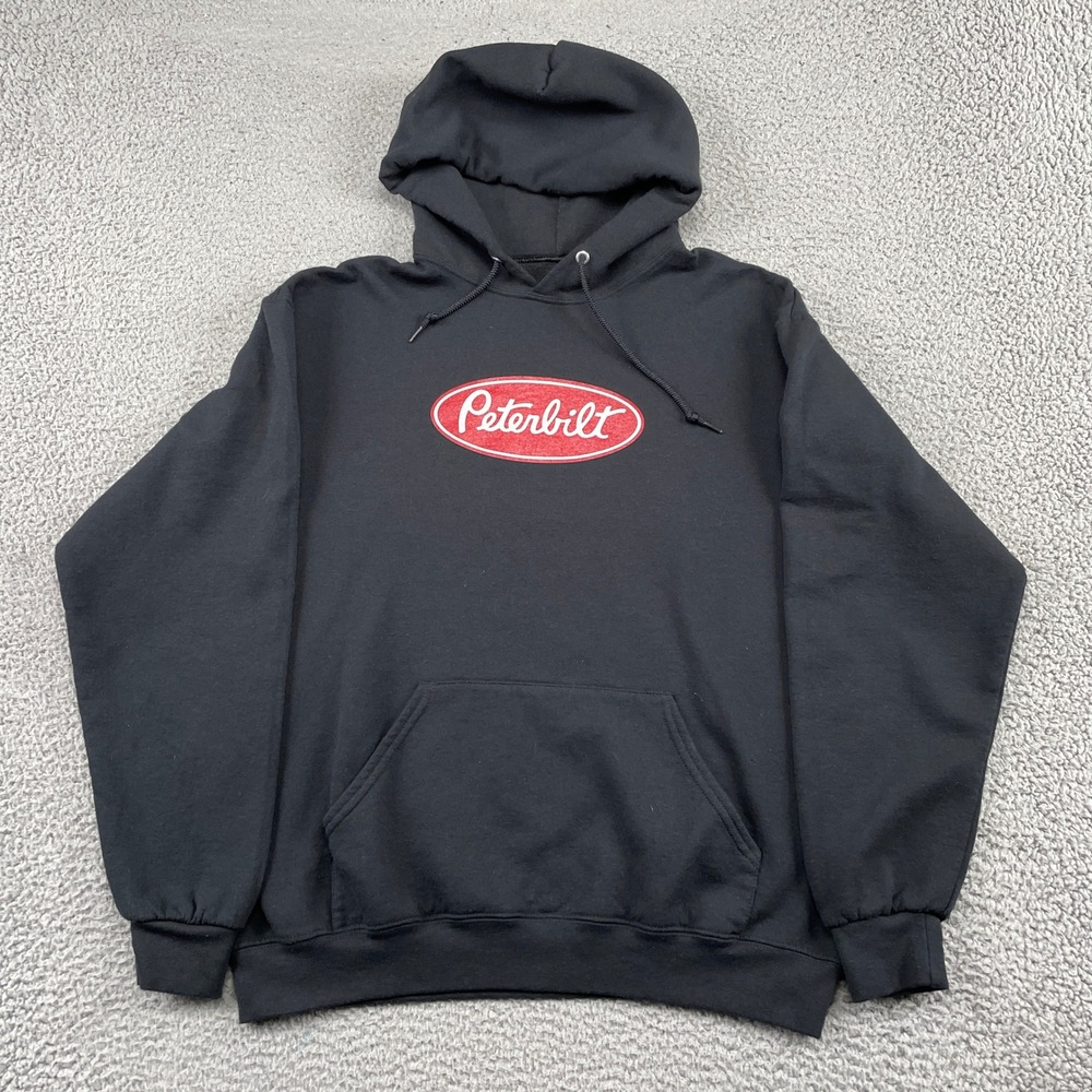 Peterbilt Hoodie Mens Large Black Logo Graphic Pullover Sweatshirt Trucker